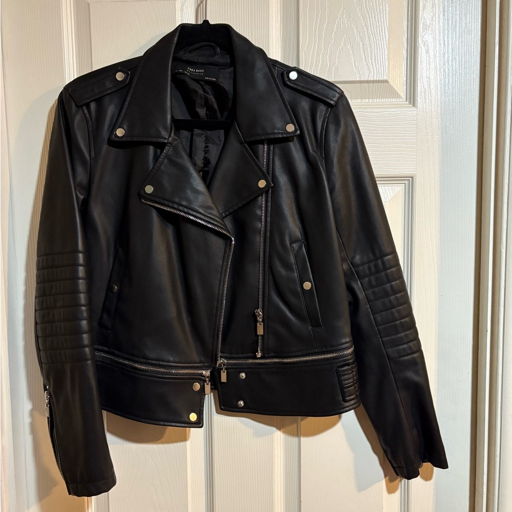 Zara Black Faux Leather Jacket with Silver Accents